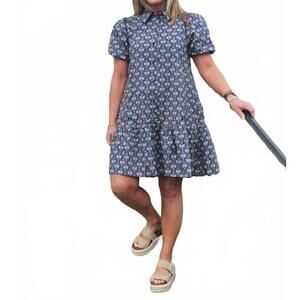 NEW A & SHE floral cotton poplin bubble short sleeve dress in navy
